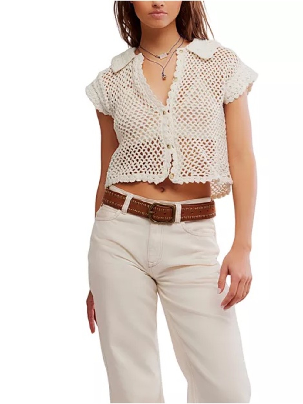 FREE PEOPLE Lilly Crochet Short-Sleeve Button Front Top in coconut milk size S